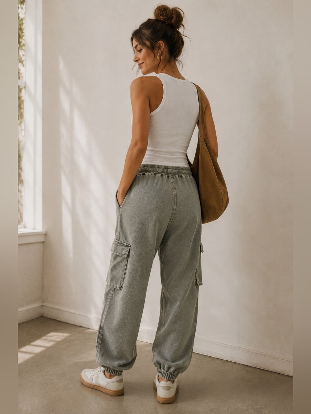 Forever 21 Cargo Jogger Jean Pants Womens L Green 100% Cotton Drawstring Utility - Picture 2 of 5